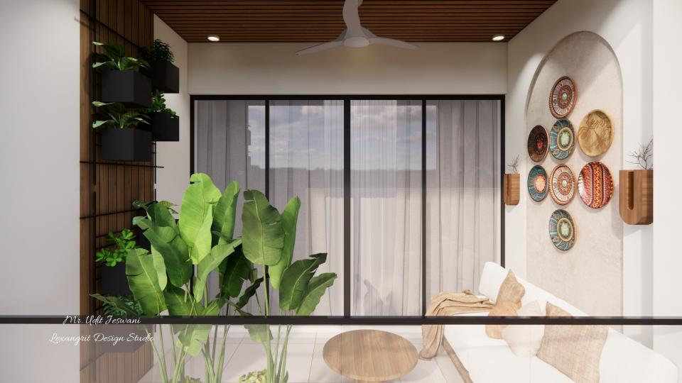 Full length sliding door, accent arch wall on right,plant wall on left with some pottery plants.