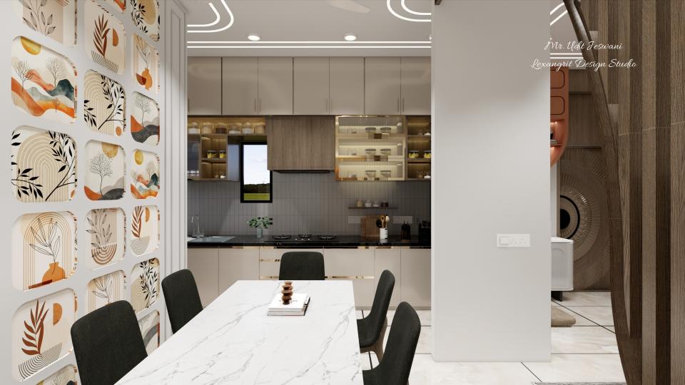 Kitchen units designed using WPC, HDHMR, or plywood with an acrylic beige finish laminate, featuring a black glossy quartz countertop, middle cabinets with fluted glass and wooden finish framed in gold, with the dining accent wall on the left and foyer area on the right.