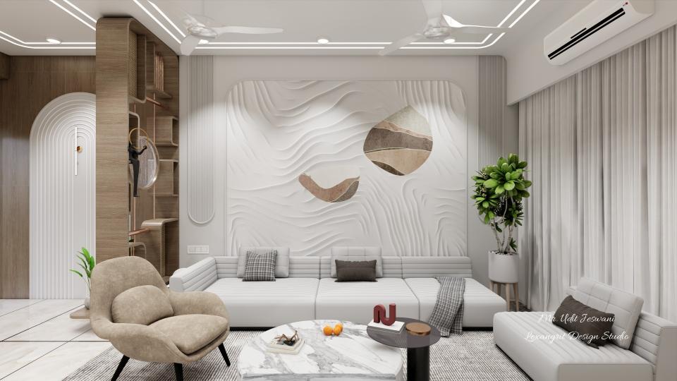 Living room sofa back design with wave board hdhmr CNC cut design with photo frames,5 seater sofa with lounge chair and round table.