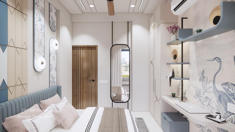 Long dressing unit with storage behind it,study table and wardrobe on the right,bed back design on the left, flooring with white italian marble with glossy finish.