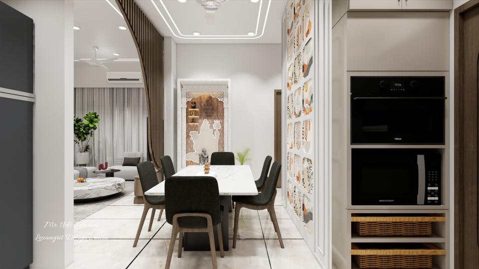 long pantry unit with owen and wicker baskets, dining table on left with pooja unit on the back.