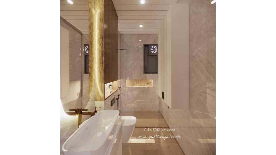 Niche created at bottom of exsaust fan,wash basin,wc & shower area at left,storage at left.