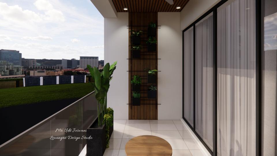 Plant wall with small plant hanging pots with rafters in the background, rectangular plant pots on the left beside the railing & sliding door on the right.