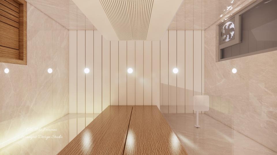 Pvc ceiling with white matte finish & recessed lights.