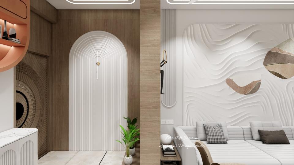 Simple foyer design wall with wooden wall panel a hdhmr CNC cutting design panel with sleek light placed centre in it