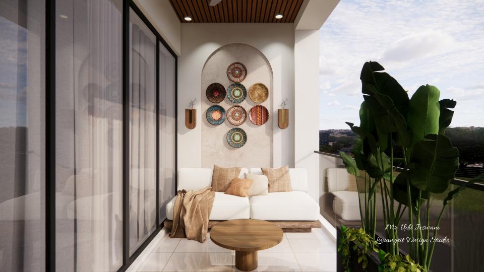 Outdoor balcony sofa back wall arch design with cement board and cement texture finish, modern balcony wall decor with round wall murals and glass railing