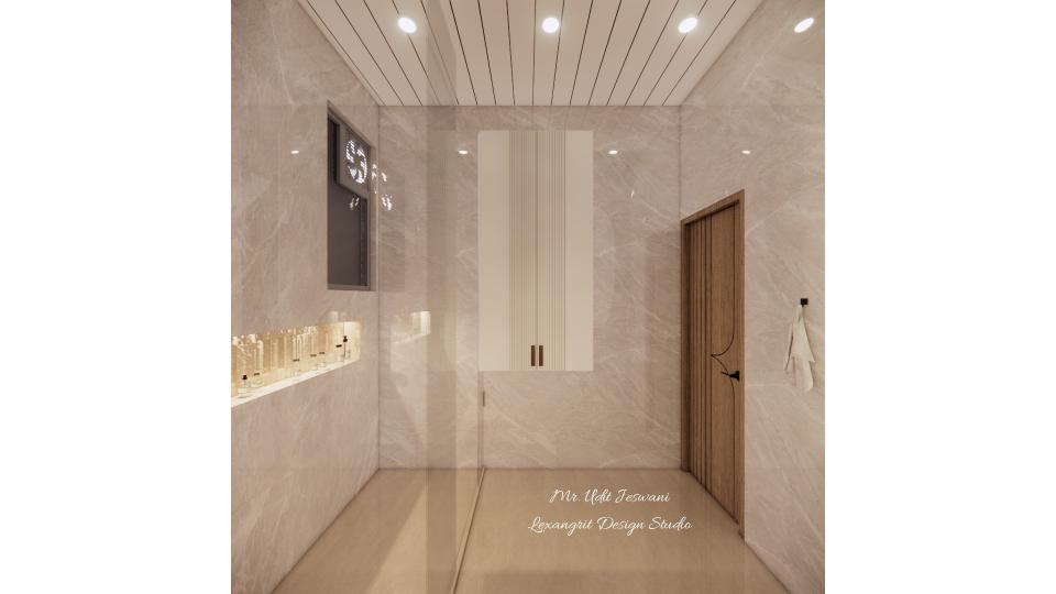 Storage unit with wpc with laminate finish & linear handles,niche on the left,door on the right.