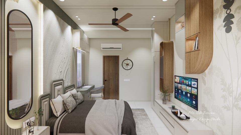 Toilet door with hdhmr groove deisgn with wooden laminate finish,wall mural or wall clock beside the door tv unit on the right and bed back on the left.