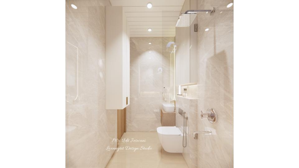 Toilet shower area with glass partition which seperates with wc & wash basin on the right,storage unit on the left .