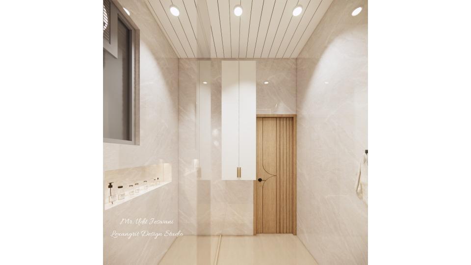 toilet storage unit with wpc with beige laminate finish with linear brass handles, niche on the left