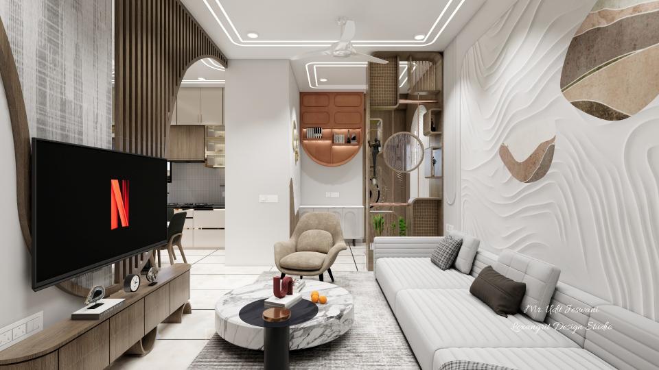 Tv unit on the left,long leather sofa on right with centre table seperate which separates foyer and living & tv wall which seperates living & dinning