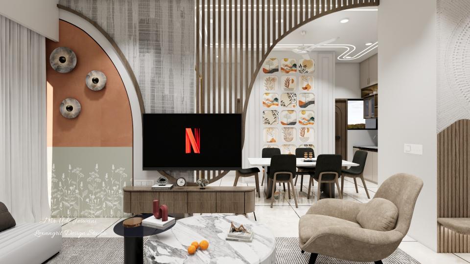 Tv unit with combination of textured grey wallpaper & brown rough paint finish with round wall mural,console unit plywood with wooden finish,semi curve bell shaped design on the tv back with wooden rafters, dining and kitchen area on the right with 6 seater dining table.
