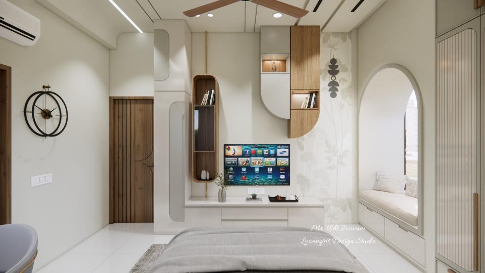 Tv unit with hdhmr duco finish or laminate, combination of open &closed shelves with wallpaper on the background, window seating on right.