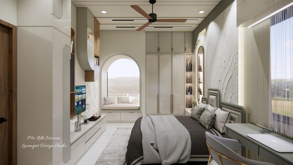 Wardrobe with hdhmr with duco finish or laminate, window seating with arch design & cushion,storage below,long linear handles for the wardrobe,bed back design at right & tv unit at left.