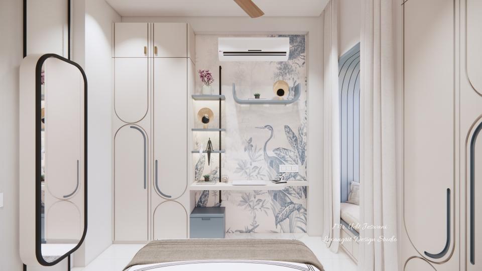 Wardrobe with hdhmr with duco finish,study unit with open shelves beside & wallpaper on the background , dressing unit on the left & window seating with cusion on right.