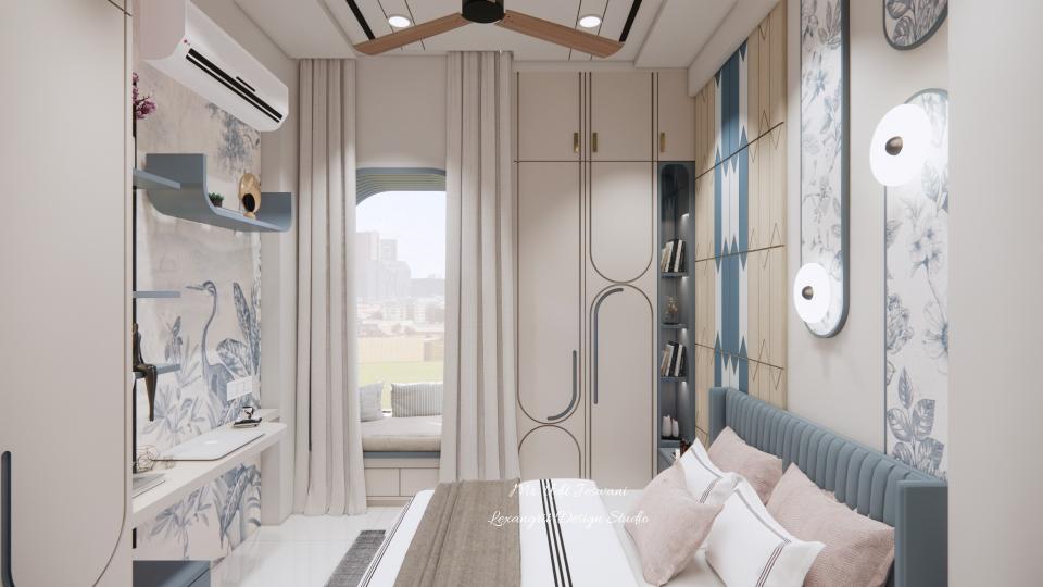 Window seating with cusion and storage at the Bottom with long grey curtains and wardrobe beside with hdhmr duco finish,bed back design on the right & study table on the left.