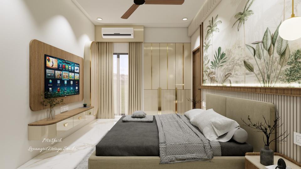 Master bedroom AC pelmet design featuring a wall-mounted split AC unit recessed above full-height curtains, a wooden TV unit, and a beige wardrobe with golden strips