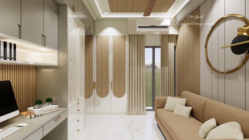Guest bedroom AC pelmet design featuring a wall-mounted split AC above full height curtains, a wooden sliding wardrobe with arched handles, and a built-in study desk