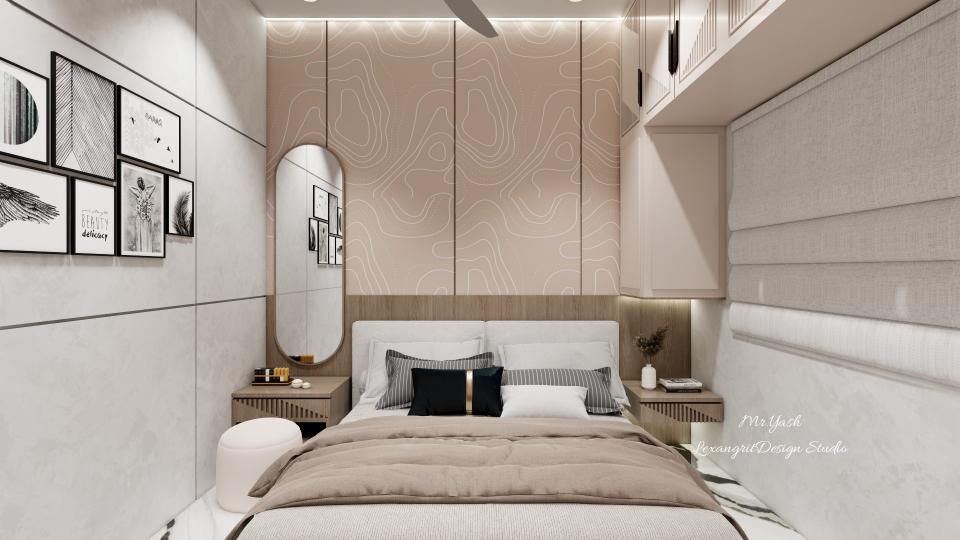 Bedroom bedback wall design and dressing table and bed side table