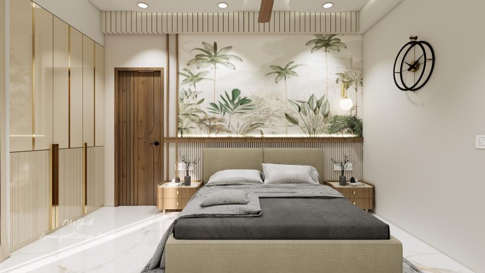 bedroom bedback with nature's printed wallpaper and white louvers