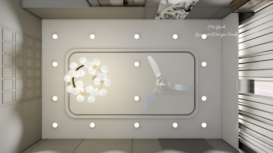 Living room false ceiling with fan and chandelier