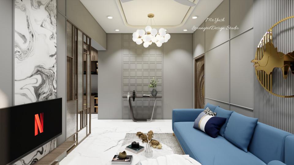 Living room wall paneling with console table