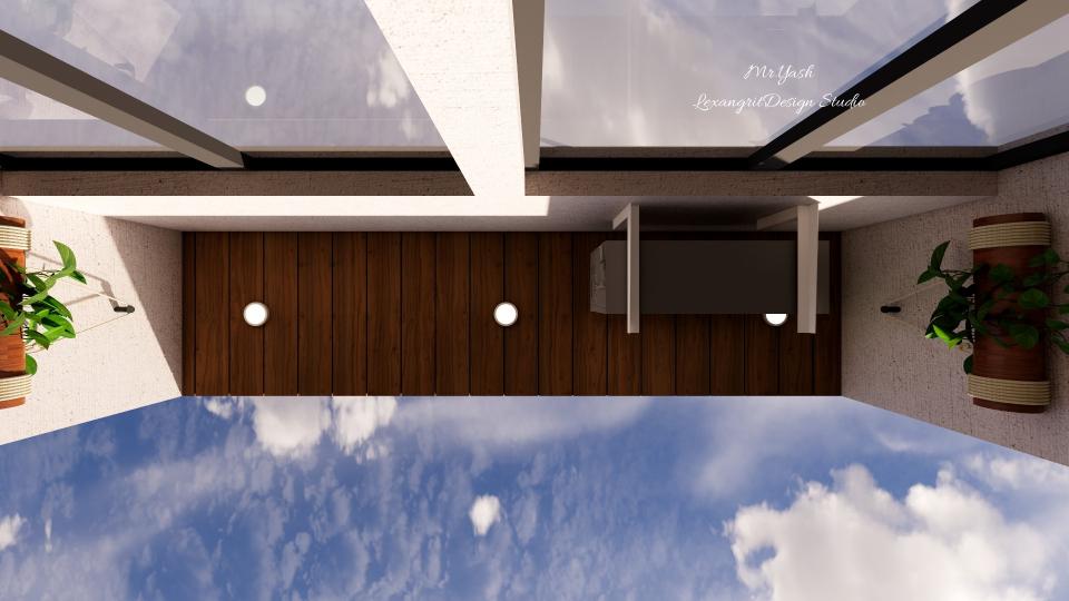 Top view of a modern outdoor balcony PVC ceiling design with dark wood panels, recessed lights and potted plants