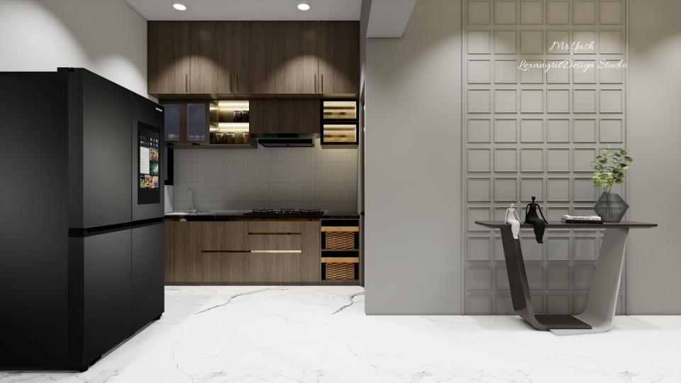 Veneer finish modern functional small kitchen with loft storage, three-drawer and two-drawer units, sink unit, tall unit and efficient kitchen triangle layout.