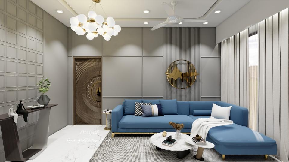 Sofa back wall moulding design with divan and coffee table in a modern living room — luxury sofa back wall design with classic panel detailing.