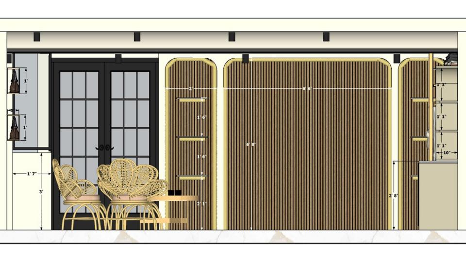 measurement image of a butiqe wall arch design and inside the those 3 arch wooden wpc panel is placed