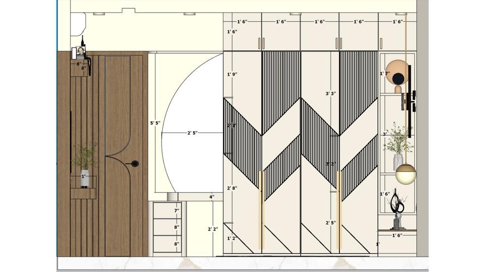 Bedroom after entrance view luxury bed with tv unit and designing wardrobe, dressing unit 2d dimension