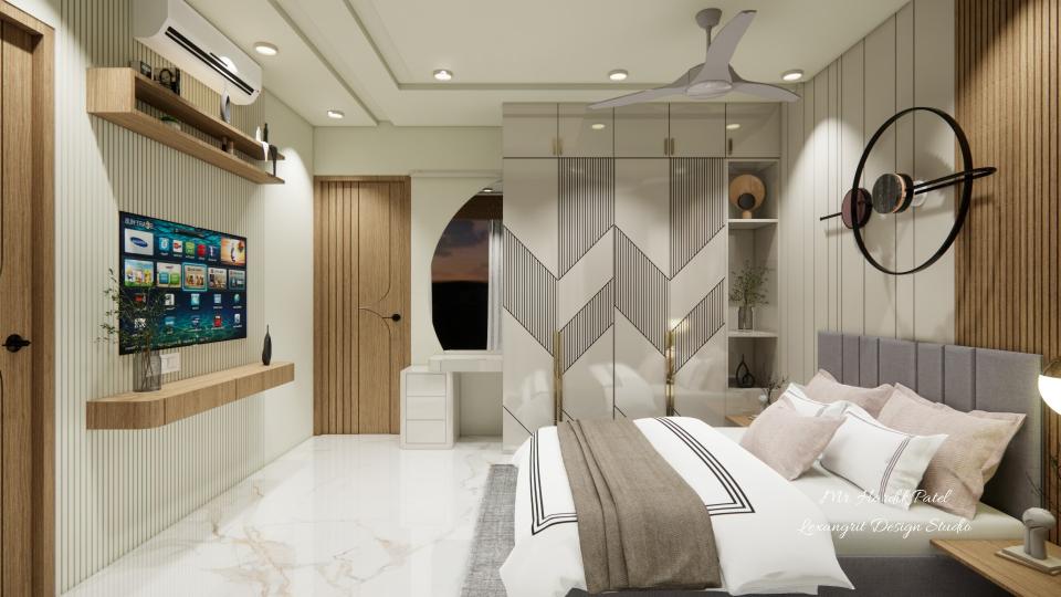 Bedroom after entrance view luxury bed with tv unit and designing wardrobe, dressing unit