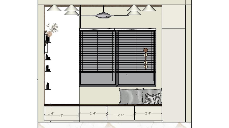 Bed to window view and showing bay window and dressing unit with some storages 2d dimension