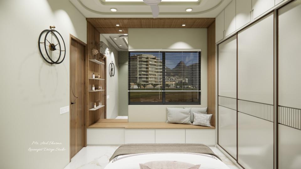 Bed to window view and showing bay window and dressing unit with some storages