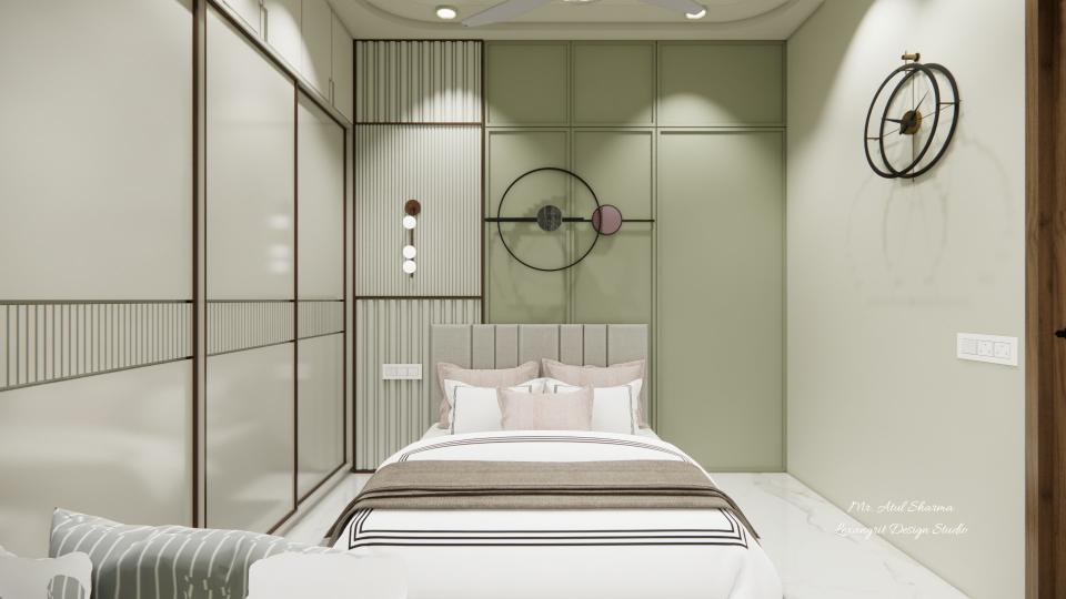 Bedroom showing luxury bed and  decorative wall design