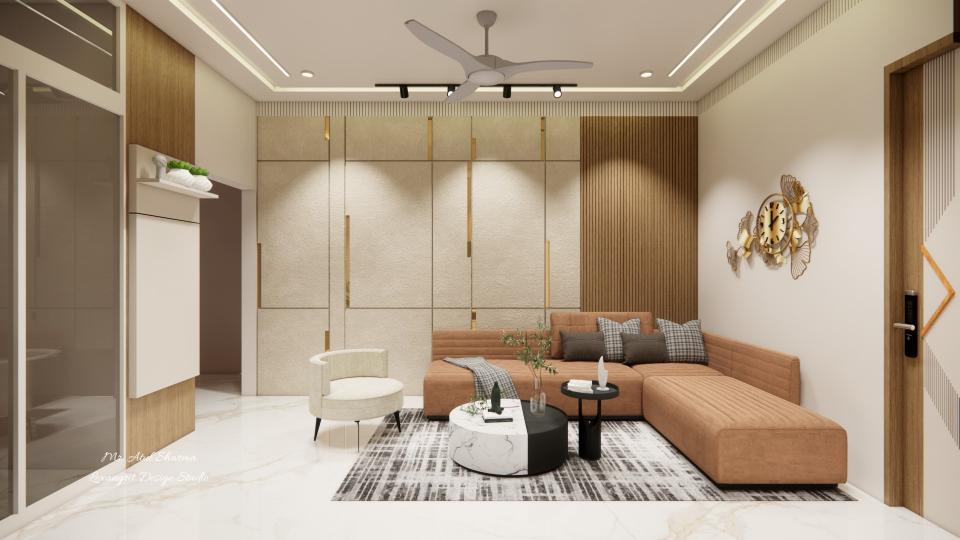 Modern sofa back wall design with PVC louvers, textured paint and groove cutting — peach L-shaped sofa in a contemporary living room seating area.
